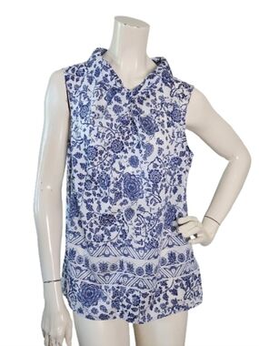 346 Brooks Brother Sleeveless Top Women's 12 Blue White Toile Print